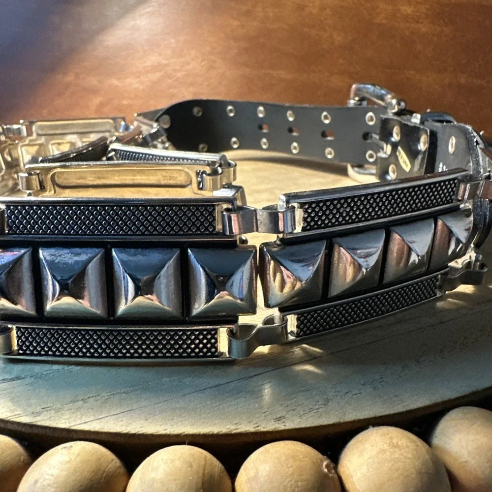 Vintage Stainless Steel & Leather Heavy Metal Leather Punk Goth Belt And Buckle